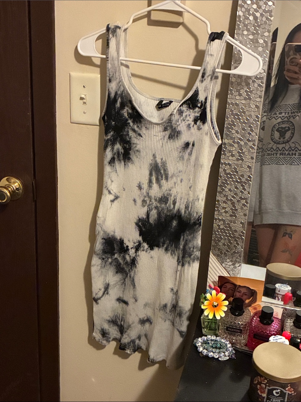 Black & White Tie-Dye Ribbed Tank Dress